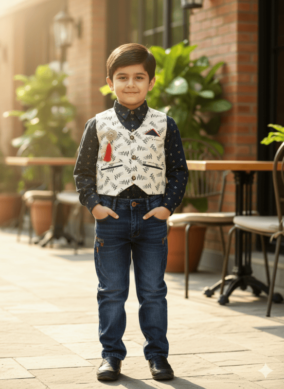 navy blue full-sleeve shirt, a white printed waistcoat, and blue denim jeans D.8/6 B.5263
