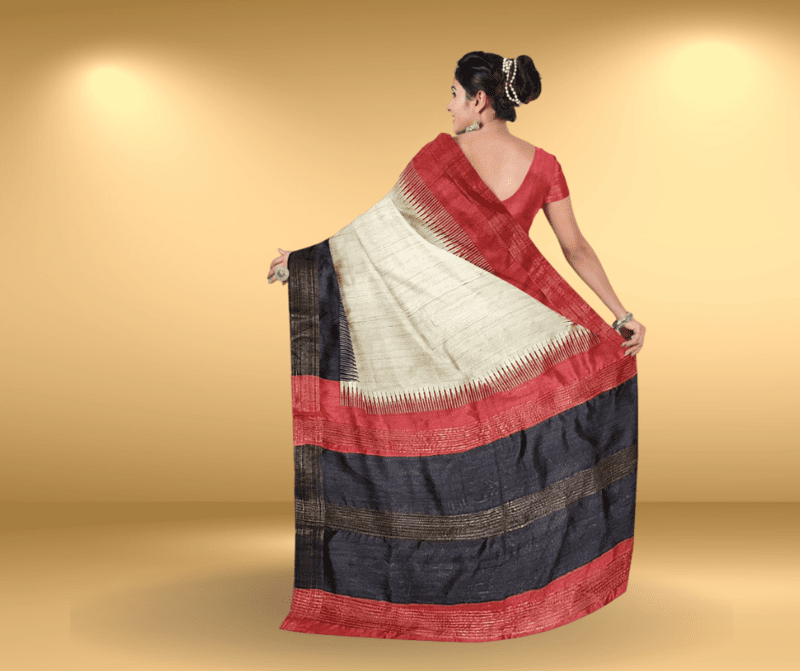 Ghicha Silk Ikkat Saree Handloom-Tussar Black Red with BP