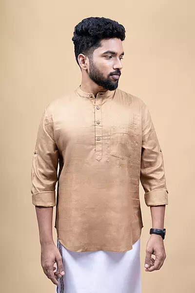 Men's Embroidered Short Kurta - Mustard