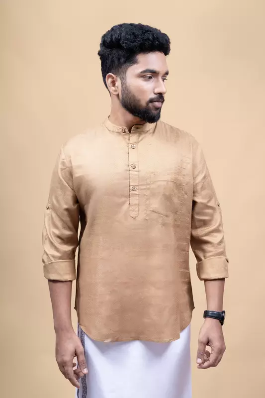 Men's Embroidered Short Kurta - Mustard
