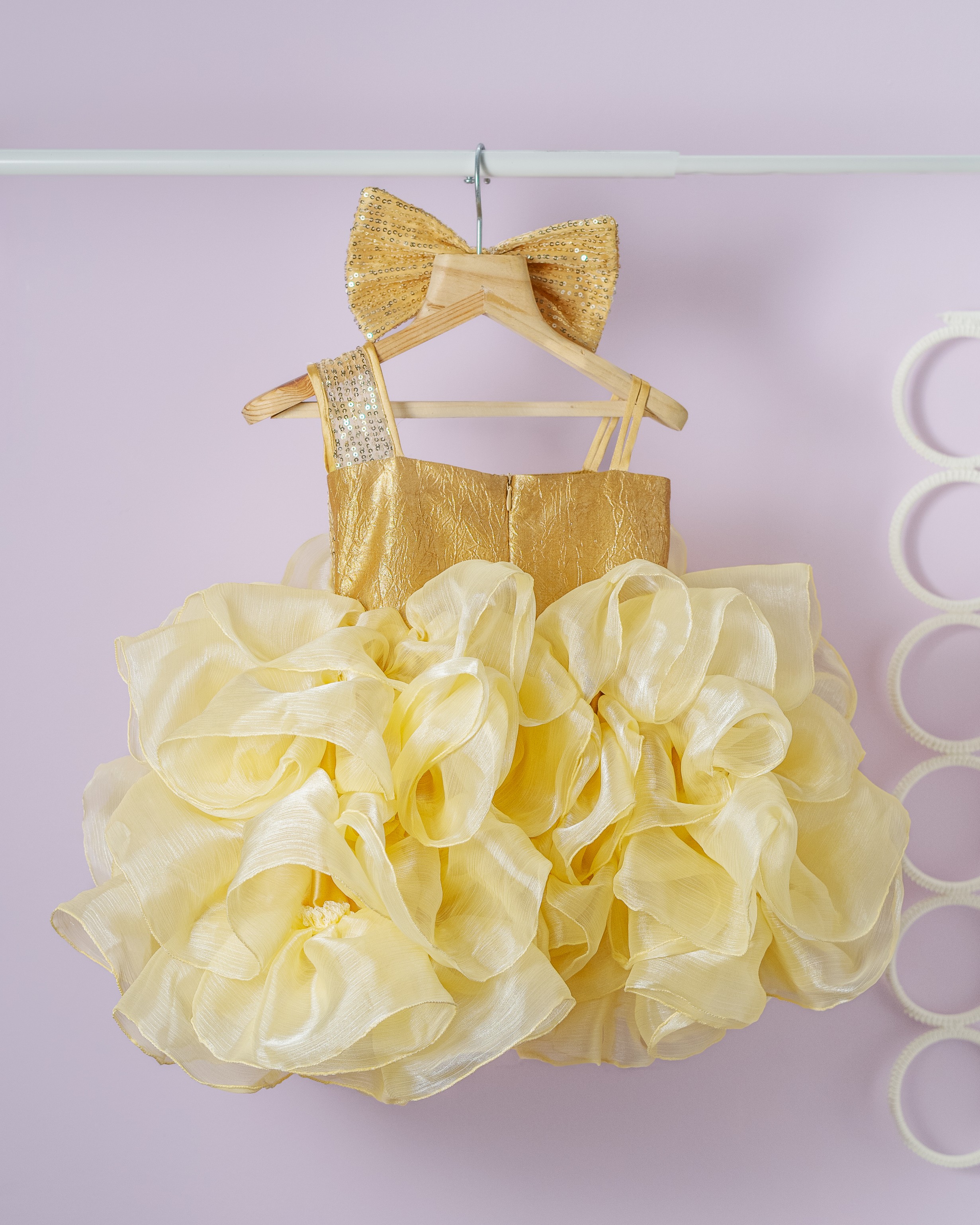 Golden Bloom Ruffle Party Dress with Sequin Bow