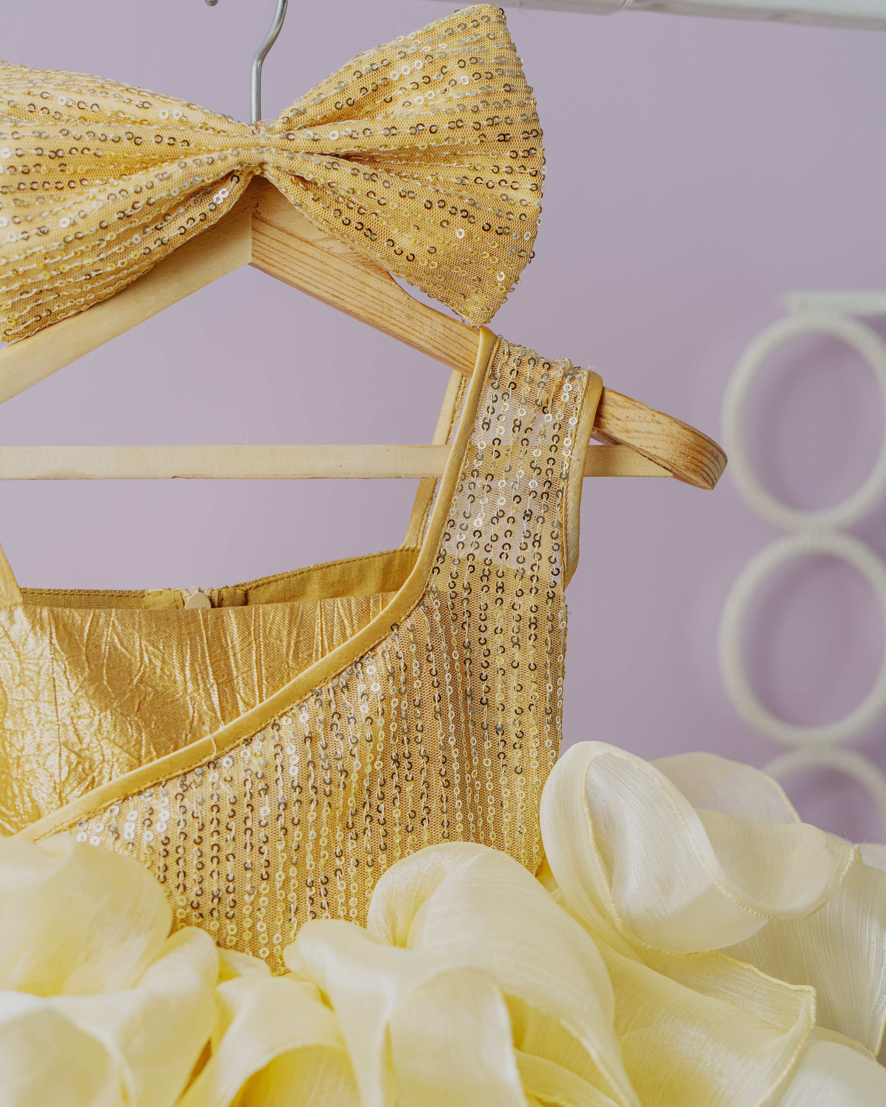 Golden Bloom Ruffle Party Dress with Sequin Bow