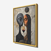Abstract Couple Wine Art – Modern Face Silhouette Textured Painting Wall Decor