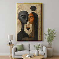 Abstract Couple Wine Art – Modern Face Silhouette Textured Painting Wall Decor