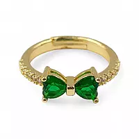 Gold-Plated Adjustable Butterfly Bow Ring - Green Zircon