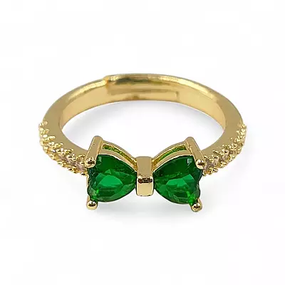Gold-Plated Adjustable Butterfly Bow Ring - Green Zircon