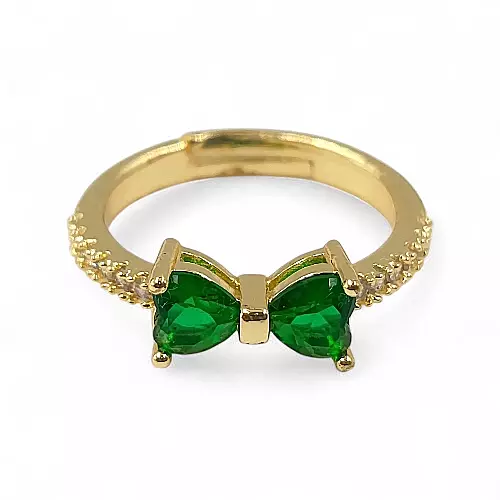 Gold-Plated Adjustable Butterfly Bow Ring - Green Zircon