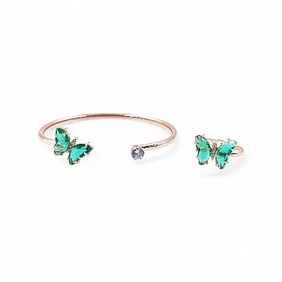 Rose Gold Butterfly Bangle & Ring Set - Green Stone