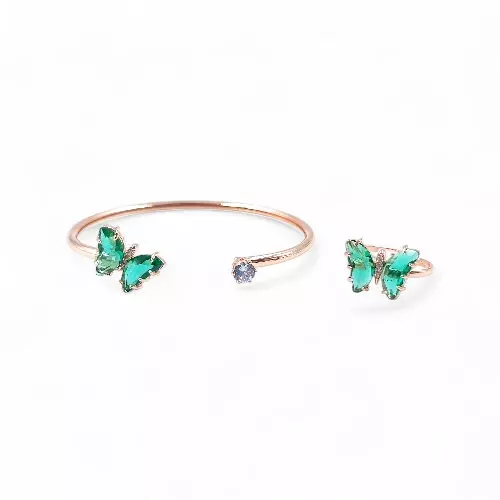 Rose Gold Butterfly Bangle & Ring Set - Green Stone
