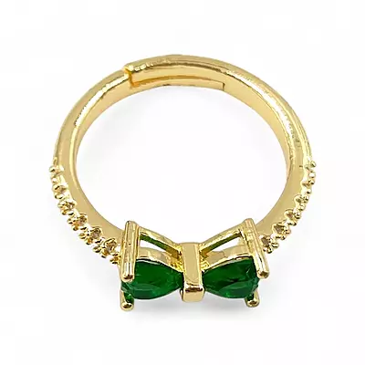 Gold-Plated Adjustable Butterfly Bow Ring - Green Zircon