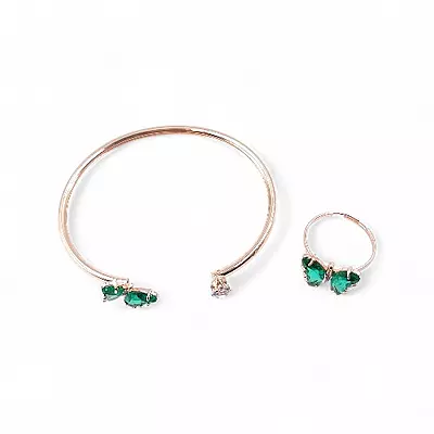 Rose Gold Butterfly Bangle & Ring Set - Green Stone
