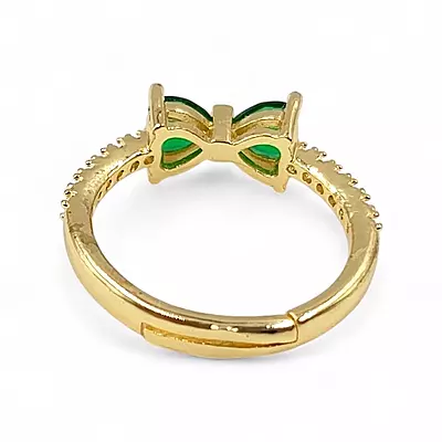 Gold-Plated Adjustable Butterfly Bow Ring - Green Zircon