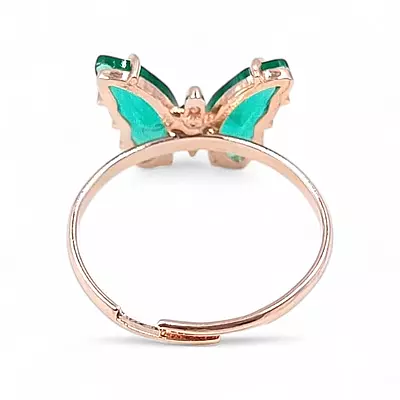 Rose Gold Butterfly Bangle & Ring Set - Green Stone