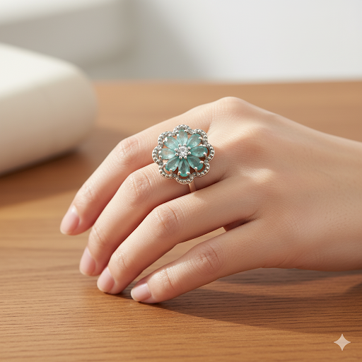 Stunning Flower Cluster Ring with Green Gemstones