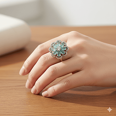 Elegant Floral Ring with Teal Gemstones