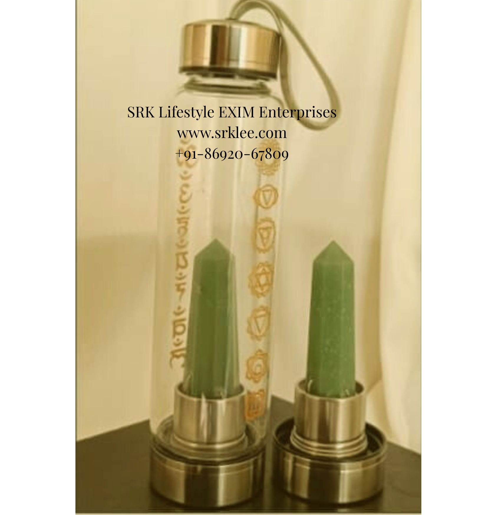 Stone Water Bottle - Green Aventurine (Stone of Abundance) with Mantras & Chakras Stone Water Bottle - Green Aventurine (Stone of Abundance) with Mantras & Chakras