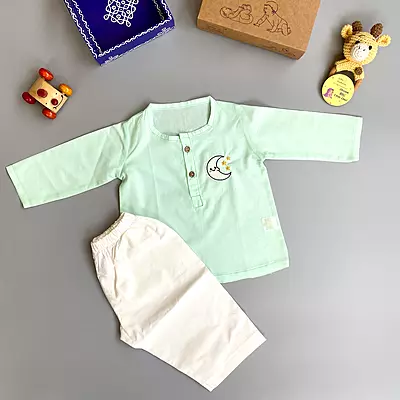 Organic Cotton Baby Boy Kurta Pajama Set (Green - Moon & Stars)