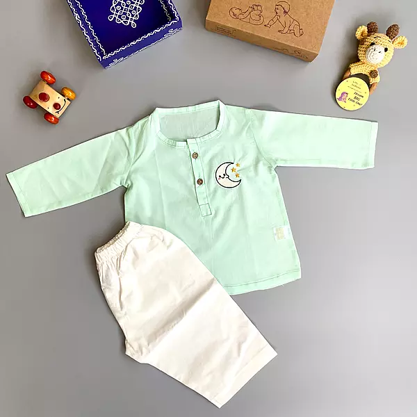 Organic Cotton Baby Boy Kurta Pajama Set (Green - Moon & Stars)