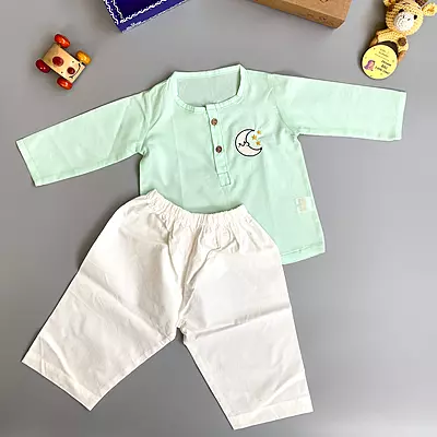 Organic Cotton Baby Boy Kurta Pajama Set (Green - Moon & Stars)