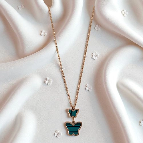 Elegant Rose Gold & Green Butterfly Necklace