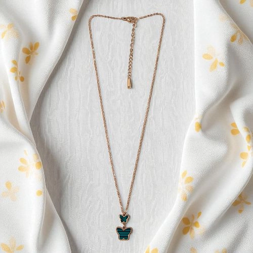 Elegant Rose Gold & Green Butterfly Necklace