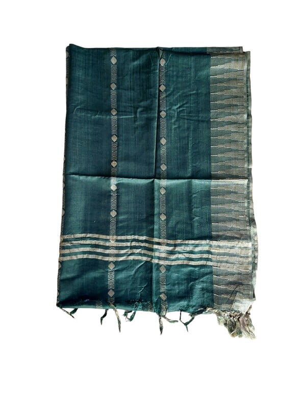Green Striped Cotton Silk Dupatta with Temple Border