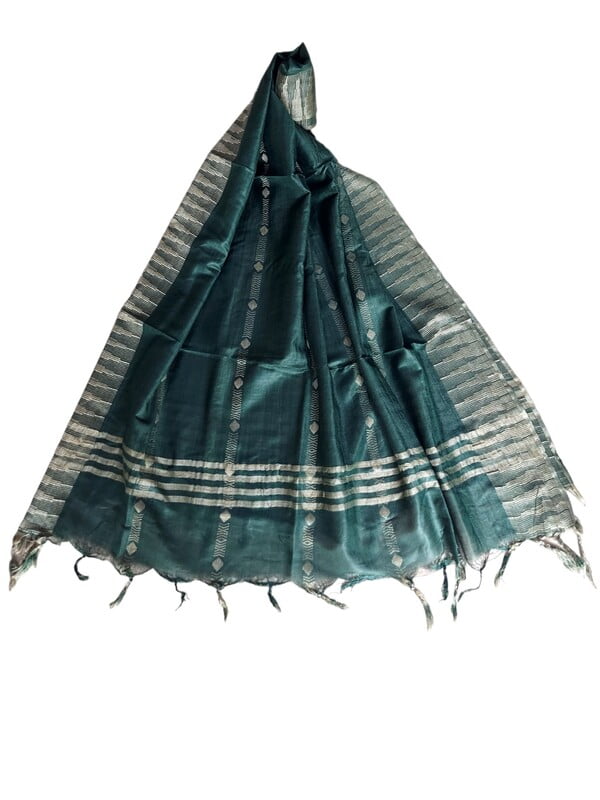 Green Striped Cotton Silk Dupatta with Temple Border