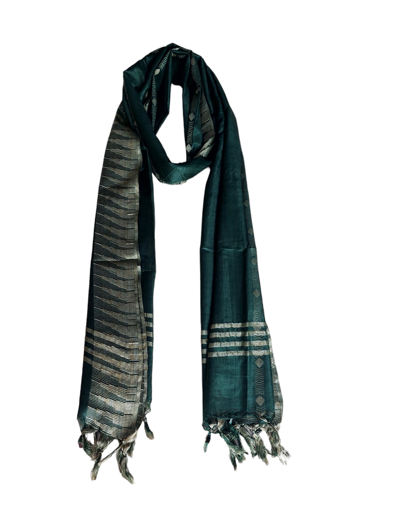 Green Striped Cotton Silk Dupatta with Temple Border