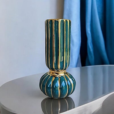 Green and Gold Ceramic Vase with Striped Design Green and Gold Ceramic Vase with Striped Design