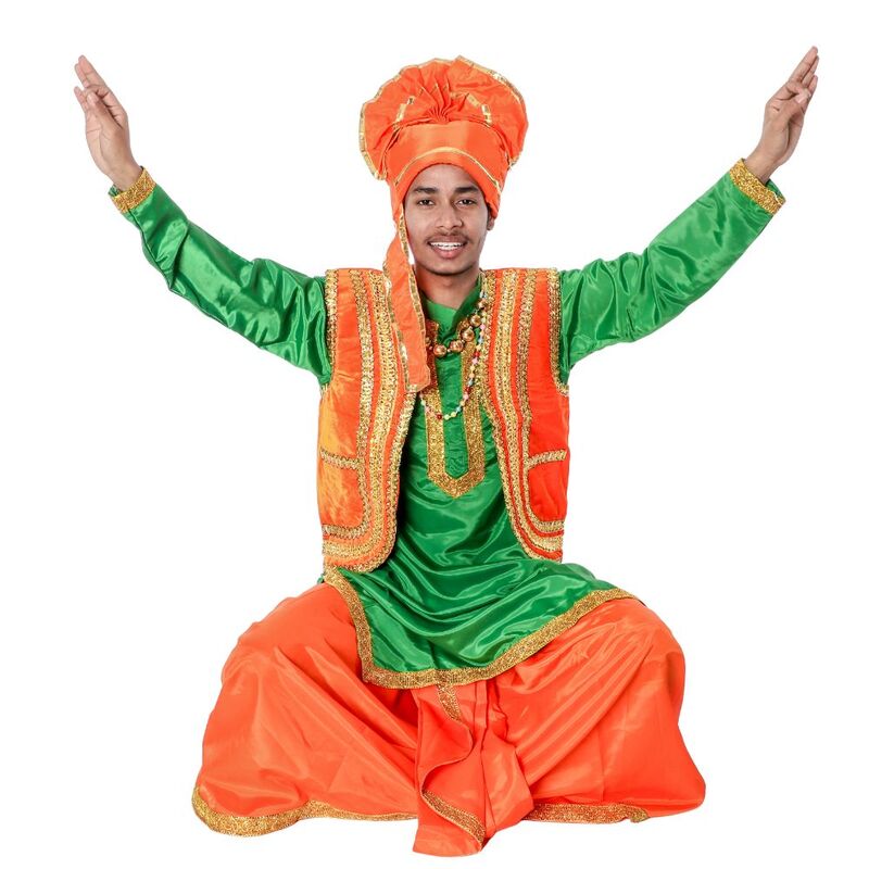 Green and Orange Bhangra Fancy Dress Costume For Boys