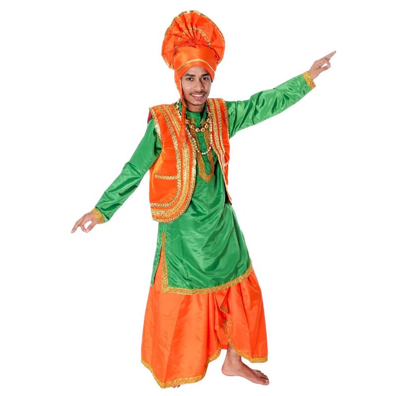 Green and Orange Bhangra Fancy Dress Costume For Boys