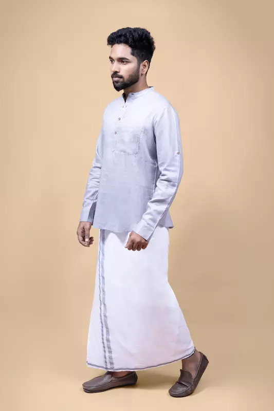 Men's Embroidered Short Kurta - Grey