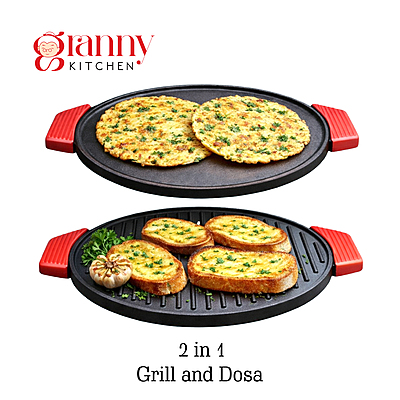 Granny Kitchen Cast Iron Tawa | Pre-Seasoned Heavy Duty Tawa with Silicone Handles