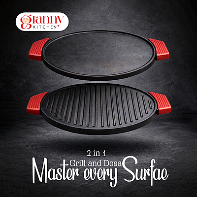 Granny Kitchen Cast Iron Tawa | Pre-Seasoned Heavy Duty Tawa with Silicone Handles