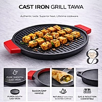 Granny Kitchen Cast Iron Tawa | Pre-Seasoned Heavy Duty Tawa with Silicone Handles