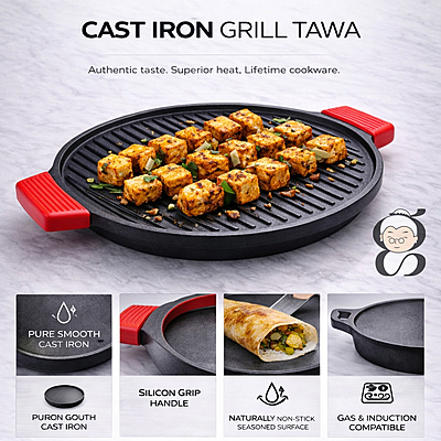 Granny Kitchen Cast Iron Tawa | Pre-Seasoned Heavy Duty Tawa with Silicone Handles