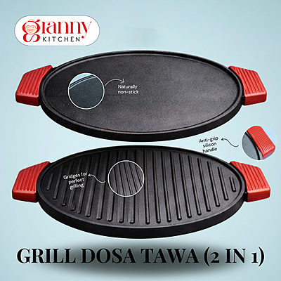 Granny Kitchen Cast Iron Tawa | Pre-Seasoned Heavy Duty Tawa with Silicone Handles