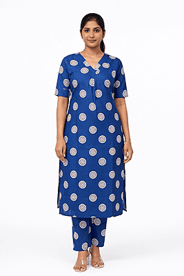 Royal Blue Cotton Printed Kurta Set for Women with Ethnic Motif Design