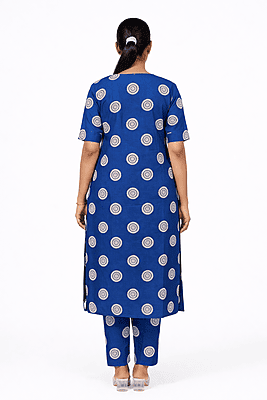 Royal Blue Cotton Printed Kurta Set for Women with Ethnic Motif Design