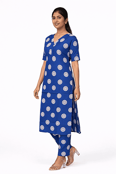 Royal Blue Cotton Printed Kurta Set for Women with Ethnic Motif Design