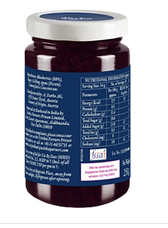 D'arbo 80% Blueberry Reduced Sugar Jam 250 gm (Pack of 6)