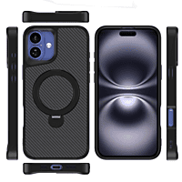 For iPhone 17 Carbon Fiber Texture 360 MagSafe Holder Phone Case