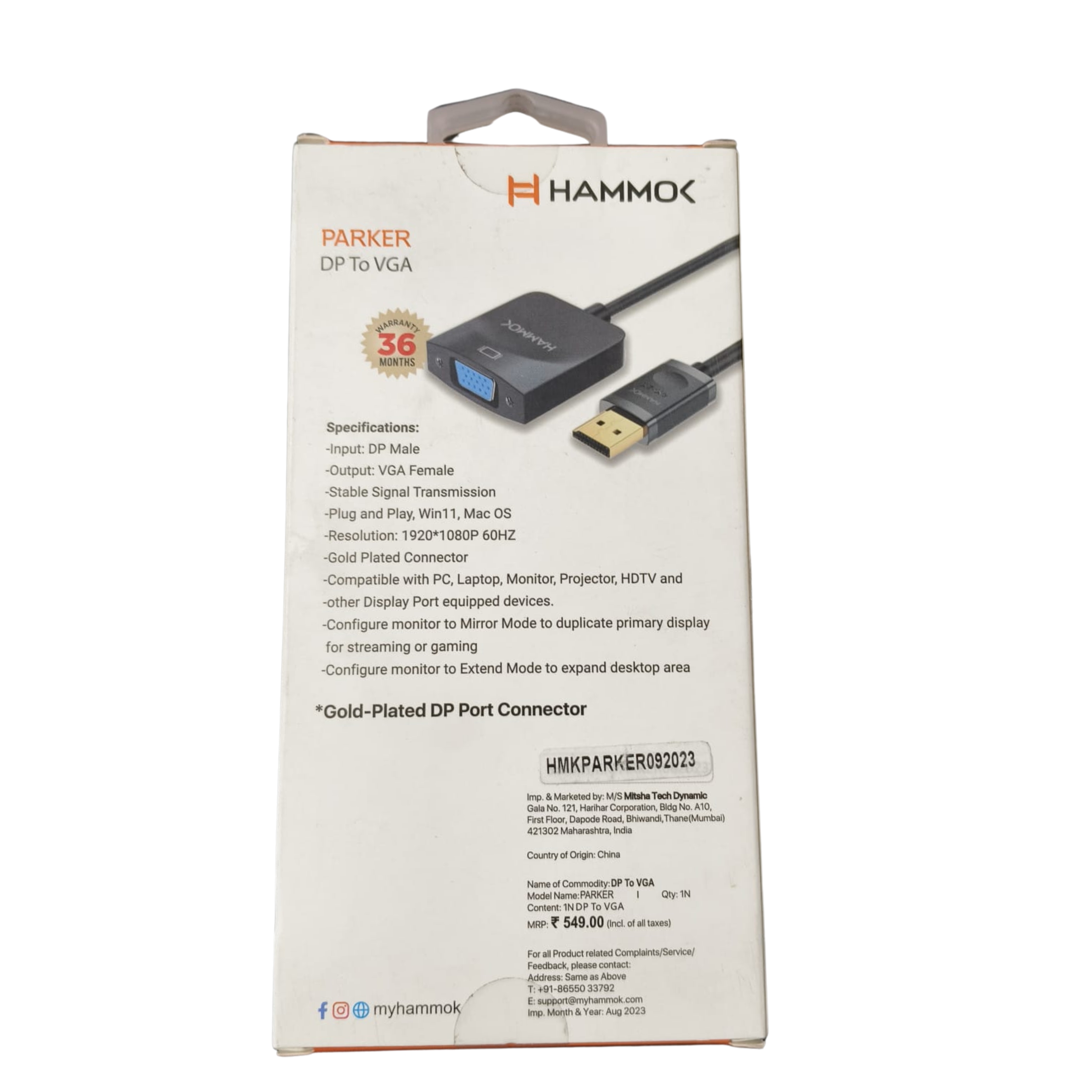 HAMMOK | PARKER | DP TO VGA ADAPTER | STABLE SIGNAL TRANSMISSION | PLUG & PLAY | BLACK