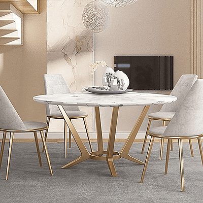 Vikinterio Round White Marble Dining Table Golden Stainless Steel Frame