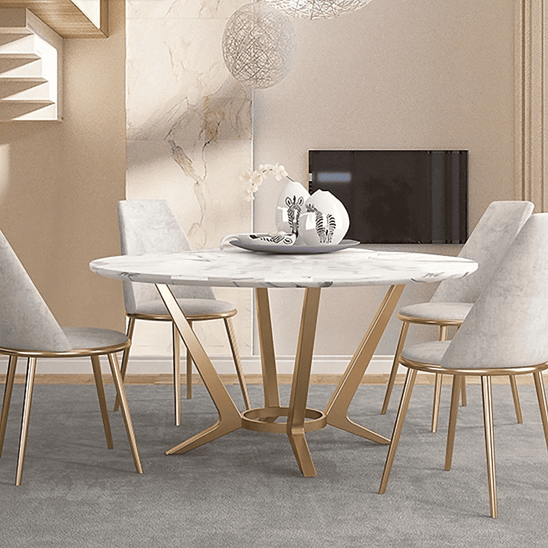 Vikinterio Round White Marble Dining Table Golden Stainless Steel Frame Vikinterio Round White Marble Dining Table Golden Stainless Steel Frame