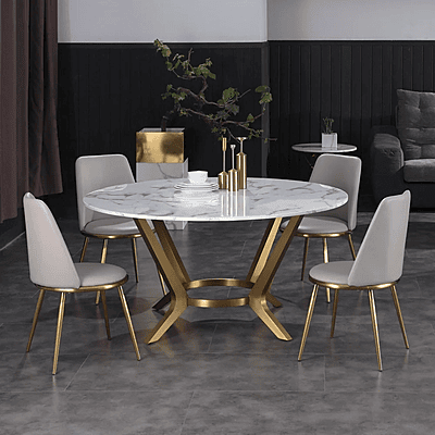 Vikinterio Round White Marble Dining Table Golden Stainless Steel Frame Vikinterio Round White Marble Dining Table Golden Stainless Steel Frame