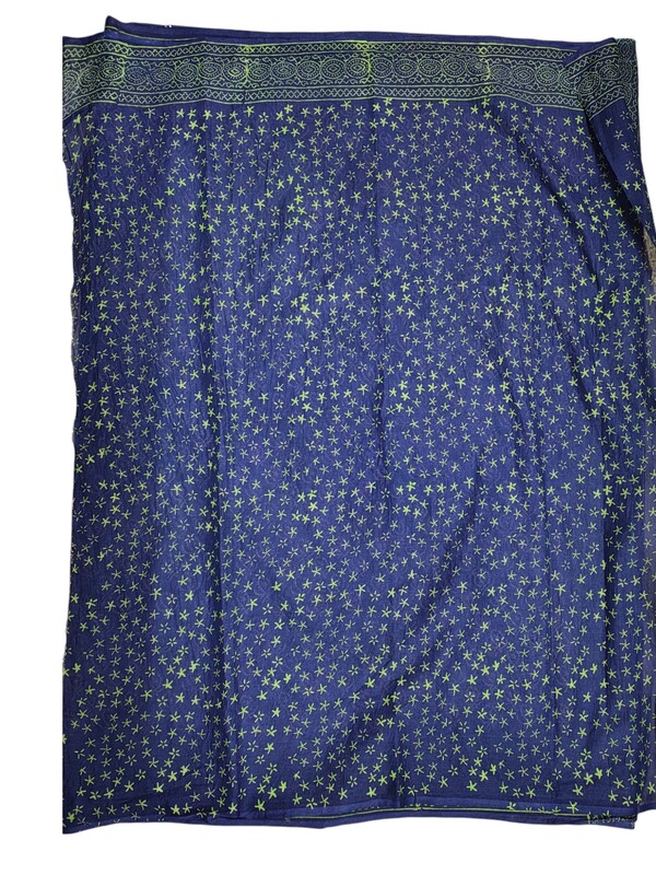 Indigo & Green Hand Block Print Pure Cotton Saree with Running Blouse