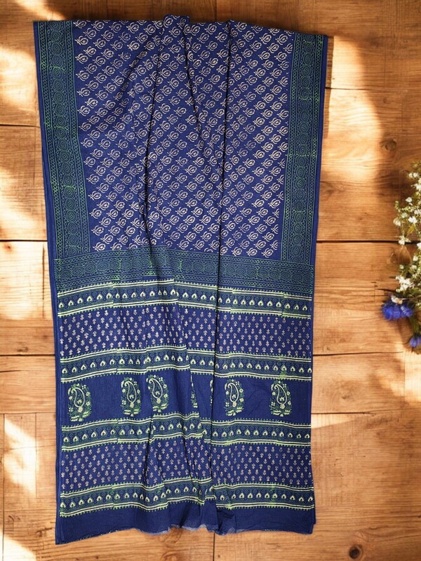 Indigo & Green Hand Block Print Pure Cotton Saree with Running Blouse