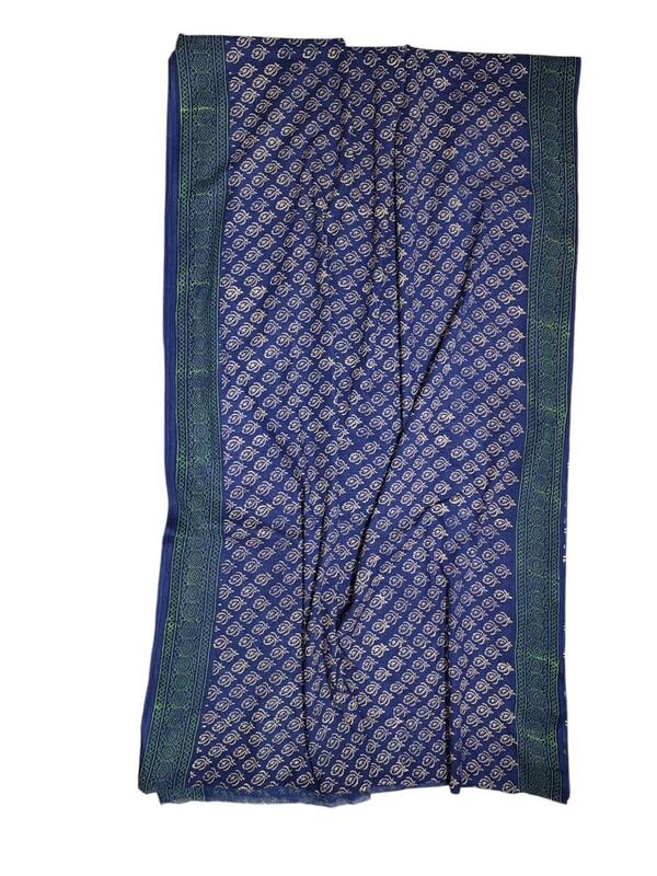 Indigo & Green Hand Block Print Pure Cotton Saree with Running Blouse