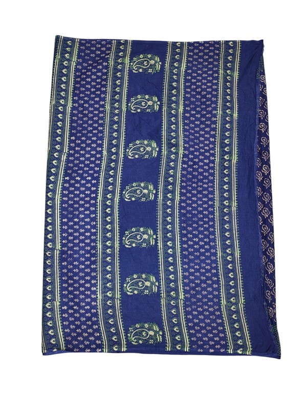 Indigo & Green Hand Block Print Pure Cotton Saree with Running Blouse